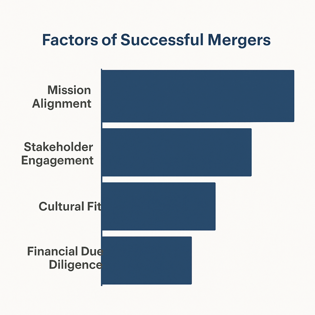Bar chart ranking mission alignment, stakeholder engagement, cultural fit, and financial due diligence as key factors in successful nonprofit mergers