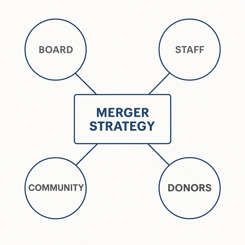 Stakeholder map showing board, staff, donors, beneficiaries, and community connected to nonprofit merger strategy