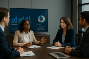 A diverse team of nonprofit leaders and consultants collaborating around a conference table, reviewing data dashboards, strategy charts, and improvement metrics on a digital screen